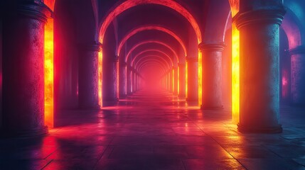 Fototapeta premium Neon arcs and glowing columns in a dark setting, creating a vibrant and futuristic atmosphere.
