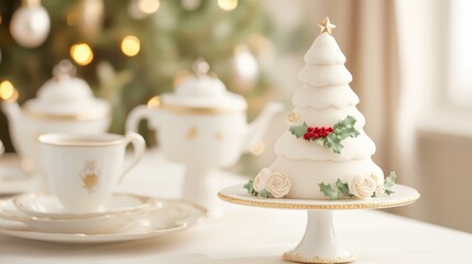 Fototapeta premium Christmas Tree Shaped Cake on a Vintage Dessert Table with Teaware