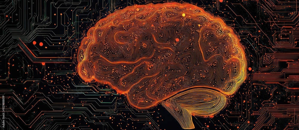 Poster a glowing, orange and yellow brain set against a dark background with a circuit board pattern.