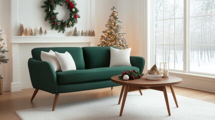 Cozy Mid century Christmas Living Room with Modern Furnishings and Festive Decor