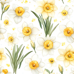Fototapeta premium Bright and cheerful watercolor daffodils in soft yellow and white tones create vibrant floral pattern. This design evokes feelings of spring and renewal, perfect for various decorative uses