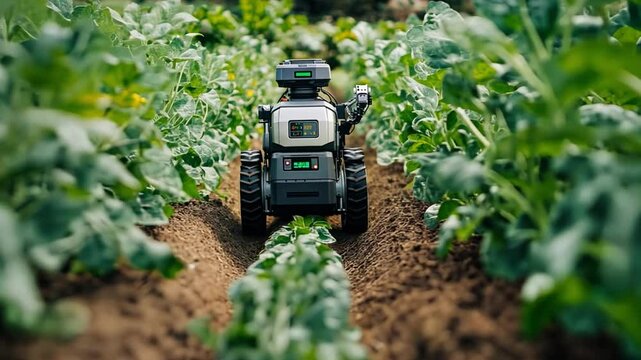 Autonomous agriculture revolutionized. A close-up view of a modern farming robot navigating rows of lush green crops.