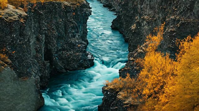 A rushing river carves its way through a rocky canyon in Iceland, with golden foliage flanking the banks