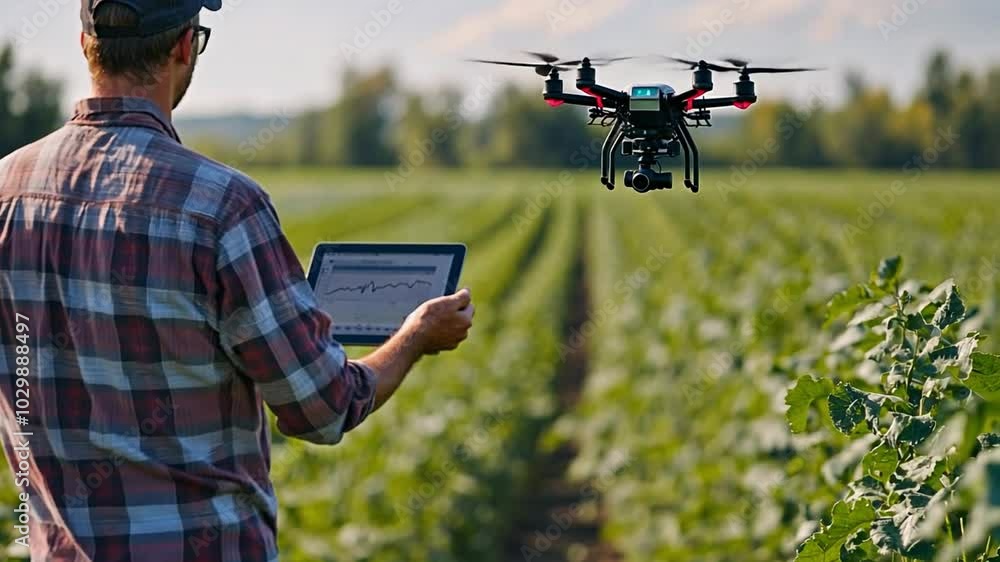 Poster a farmer utilizes drone technology in a vast field to monitor and optimize crop yields, showcasing t