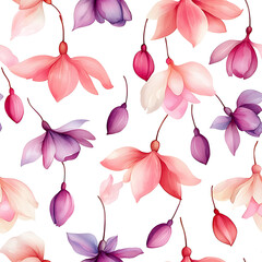 Delicate watercolor fuchsias in soft pinks and purples create beautiful floral pattern, evoking sense of tranquility and elegance in any design