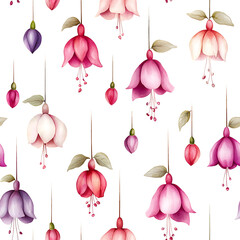 Watercolor fuchsias in soft pinks and purples create delicate floral pattern, evoking sense of tranquility and beauty in any space