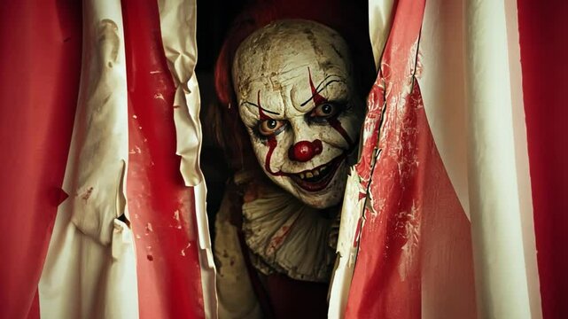 A creepy clown peeking out from behind a torn curtain in an abandoned circus tent