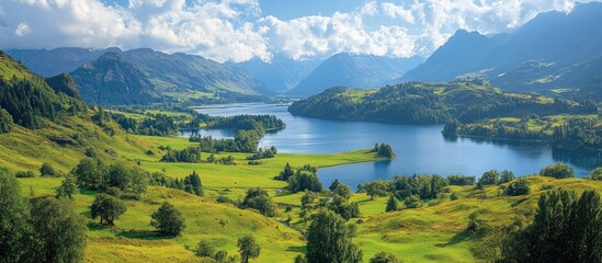 Fototapeta premium A scenic view of a lake nestled between lush green hills, surrounded by a mountainous landscape under a blue sky with fluffy clouds.
