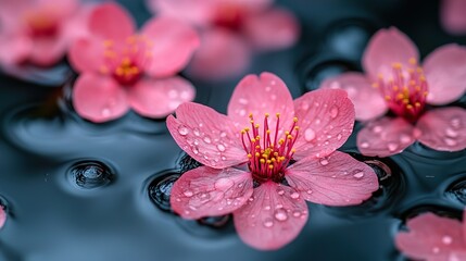 Pink sakura flowers float on calm water, creating a serene spring ambiance.
