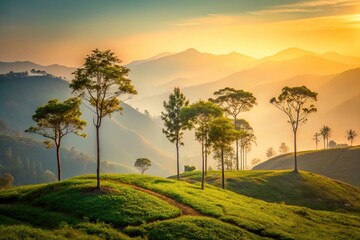 Trees in the mountains of Kochi bathed in the evening sun