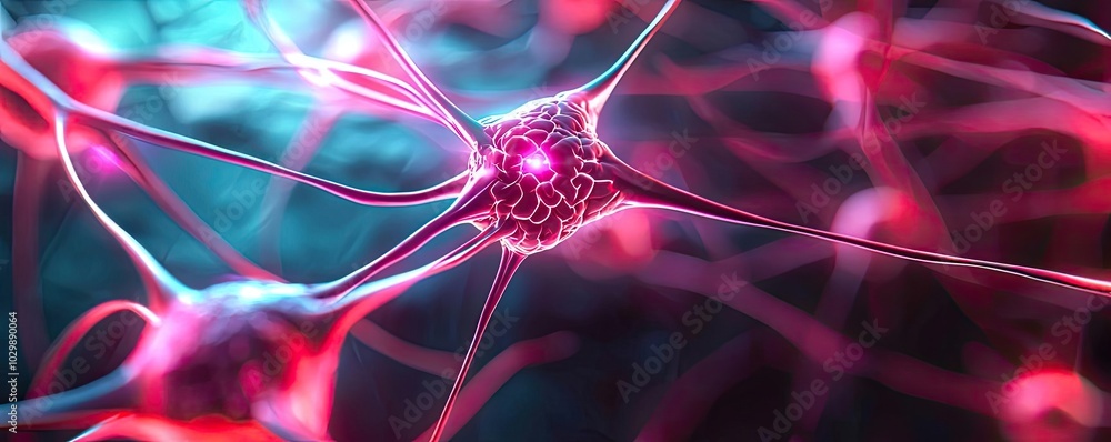 Poster colorful neuron with synapses on a dark background