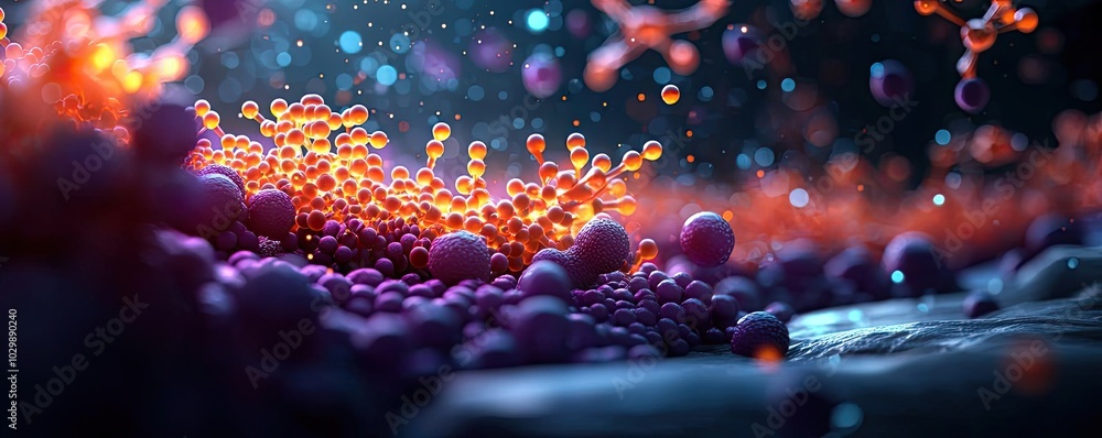 Poster colorful abstract science background with vibrant particles and textures.