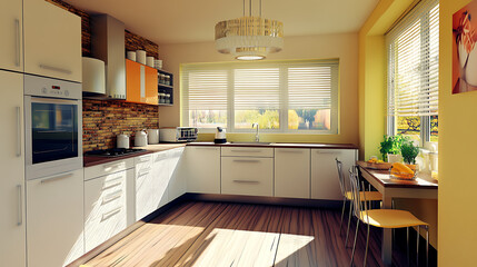 Fototapeta premium Modern kitchen with work corner, featuring natural light and technology