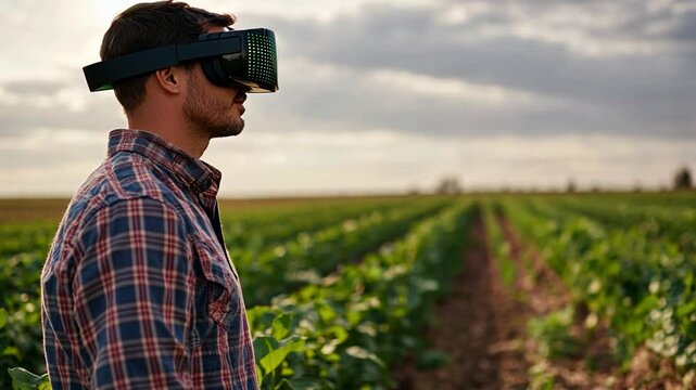 A farmer wearing a VR headset stands in a field, gazing at the rows of crops in a vision of the future of agriculture. The image evokes a sense of wonder and possibility.