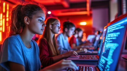 Fototapeta premium A group of young people are working on laptops in a brightly lit room, focused on their work.
