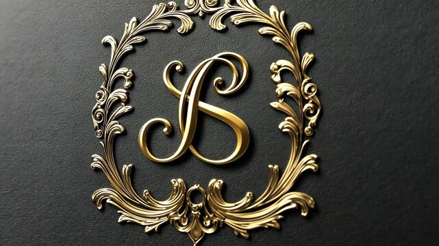 A gold letter S is surrounded by an intricate, ornate floral wreath, set against a black background