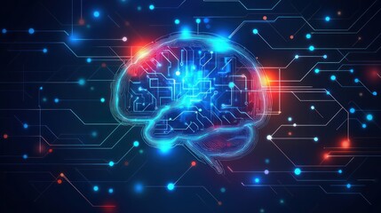 A stylized human brain with digital circuit board lines and dots in blue, red, and white on a dark blue background.