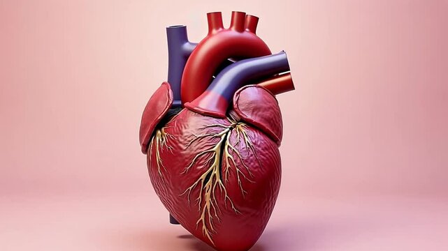 A 3D illustration of the human heart showing the stages of a heart attack, with detailed emphasis on blocked arteries, blood clots, and damaged tissue. Ideal for educational content in cardiology