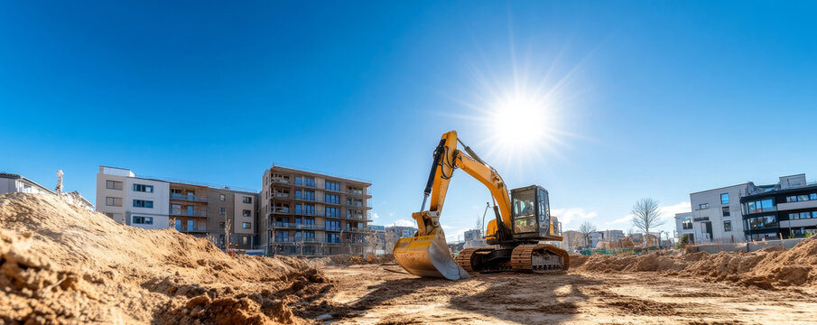 Excavator at Construction Site with Blue Sky