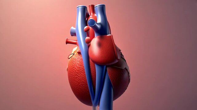 A 3D illustration of the human heart showing the stages of a heart attack, with detailed emphasis on blocked arteries, blood clots, and damaged tissue. Ideal for educational content in cardiology