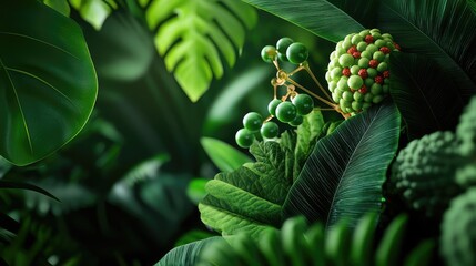 Obraz premium Lush green foliage with various leaves and buds on a natural setting.