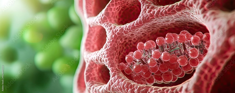 Poster detailed microscopic structure of cells showing red particles in a green background.
