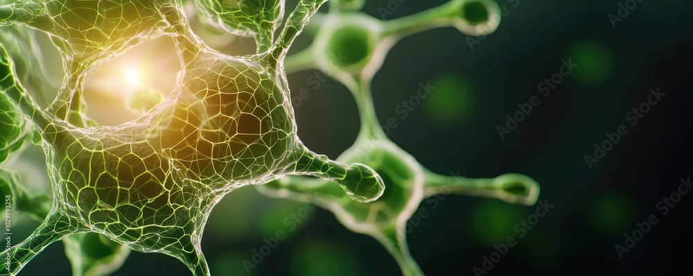 Poster detailed view of a green cell structure with glowing illumination.