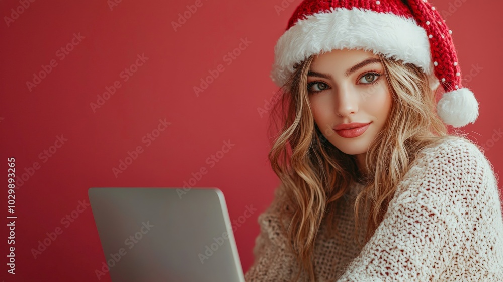 Wall mural side view of a beautiful young woman wearing a red santa hat working on her laptop