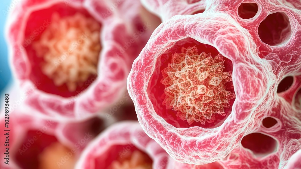 Poster close-up view of intricate cellular structures with pink and blue hues.