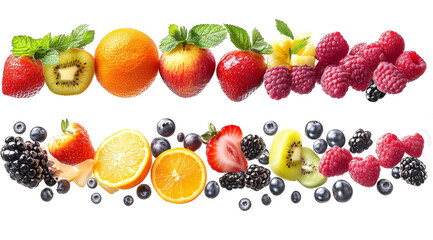 Flying different fresh fruits in air on white background. Falling fruits mix multifruit