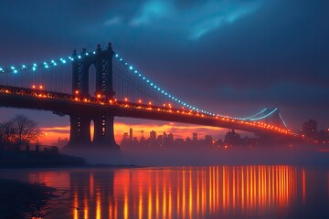 Naklejka premium The HD wallpaper captures the Manhattan Bridge at dusk in New York City, showcasing the city's lighting and atmosphere.