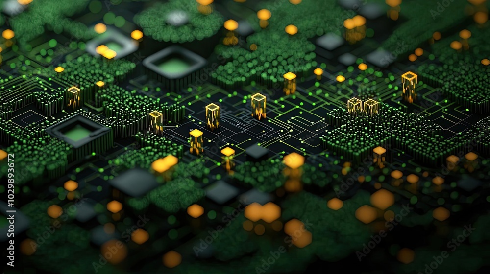 Poster abstract close-up of a circuit board with glowing components on a dark background.