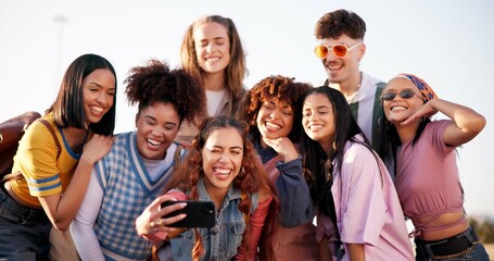 Group, selfie and gen z outdoor for social media, internet and photography with cool trendy people. Friends, memory and smile for live streaming, profile picture and diversity with website and happy