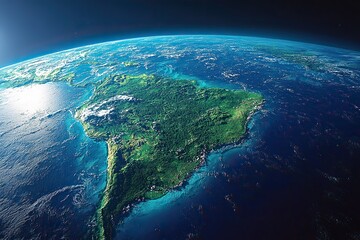 Fototapeta premium The high-resolution satellite view captures South and Central America, including Brazil and the Amazon rainforest, in detailed 3D imagery.