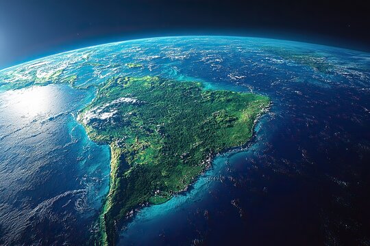The high-resolution satellite view captures South and Central America, including Brazil and the Amazon rainforest, in detailed 3D imagery.