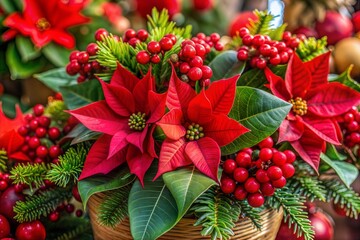 Naklejka premium Vibrant christmas bouquet with poinsettias and red berries happy holidays decor