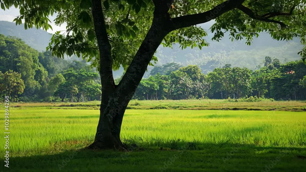 Poster a large tree casts a shadow over a field of green grass with mountains in the background