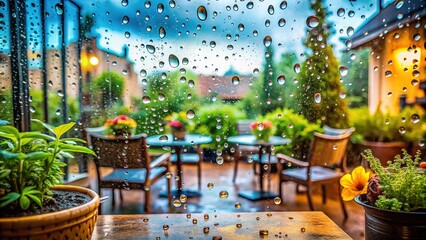 Obraz premium Water Droplets on Window with Terrace View After Rain - Nature, Serenity, Calm, Refreshing Atmosphere
