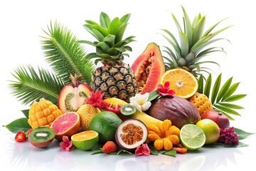Tropical fruits on white background