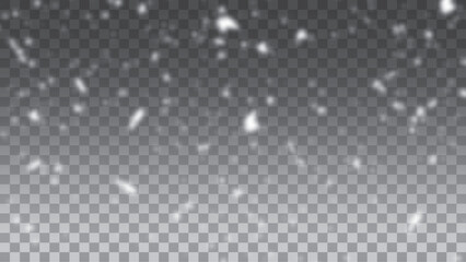Seamless realistic falling snow or snowflakes. Snow overlay illustration. Snowflakes and ice snowfall isolated. Winter background image. 