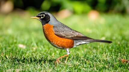 American Robin: An American robin hopping on a grassy lawn, hunting for worms.