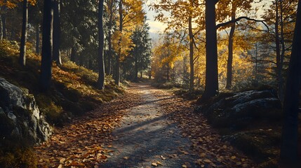 Obraz premium Peaceful forest path in autumn with colorful leaves and sunlight filtering through trees, creating a serene natural landscape scene.