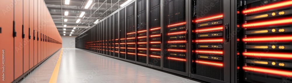 Poster data center with rows of servers and glowing lights, high-tech environment.