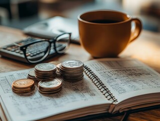 A stack of cash alongside coins and an open notebook filled with financial notes and calculations on a wooden table in a bright workspace - ai