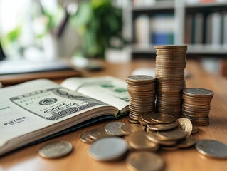 A stack of cash alongside coins and an open notebook filled with financial notes and calculations on a wooden table in a bright workspace - ai