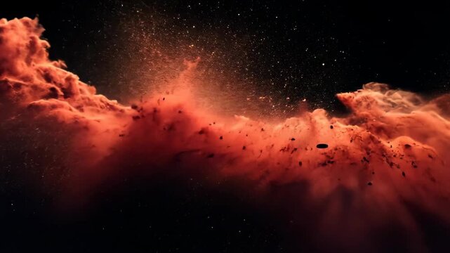 Red dust explodes against a dark background, creating a dynamic and colorful cloud