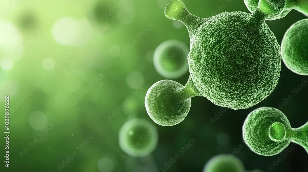 Poster close-up view of green cells on a soft gradient background.