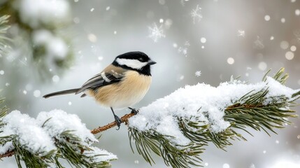 Obraz premium Black-capped Chickadee: A black-capped chickadee clinging to a snow-covered pine branch.