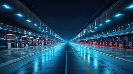 Obraz premium Under blue lights, a race track is illuminated.