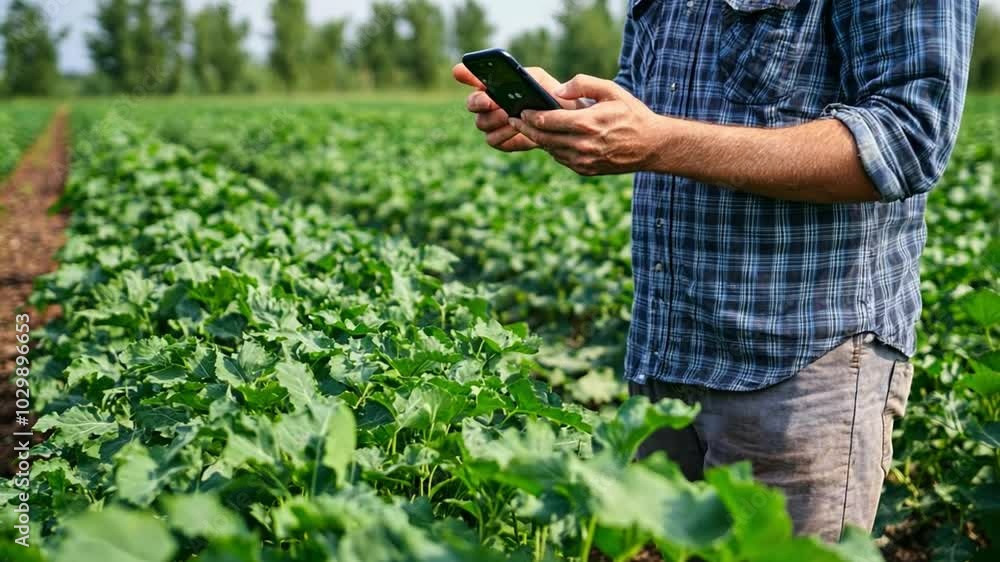 Poster a farmer checks the status of his crops using a mobile phone, demonstrating the integration of techn